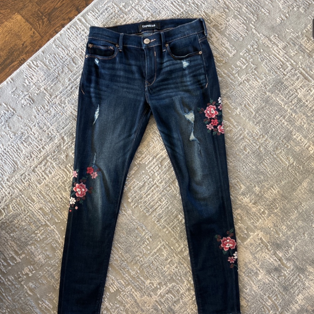 Express Mid Rise Legging Jean Stretch Embroidered Flowers - Picture 2 of 5